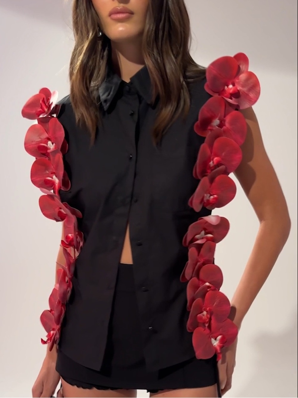AKIRA Black Button-Front Blouse with Red Flower Accents Size L/XL